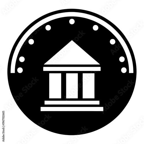 Bank Building Line Icon with Circular Frame