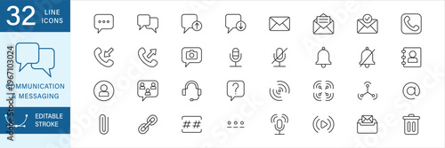 Communication and messaging icon set. Containing icon of video call, send, audio call, contact, link, group chat, mail, mic, bell notification, contact, share, broadcast, streaming, archive.