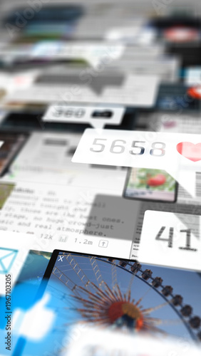 Vertical composition of layered social media interfaces and notifications highlighting digital overload, content saturation, and the fast-paced nature of modern communication environments.