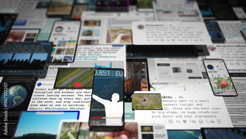 Complex collage of digital posts, analytics, and social feeds visualizing continuous information streams, connectivity, and the overwhelming presence of online platforms in daily routines.