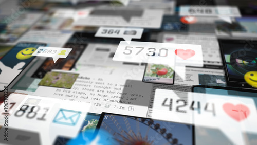 Photos Dense composition of overlapping social media elements, notifications, and content cards illustrating digital overload, online engagement, and constant information consumption in modern life