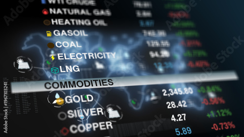 Vászonkép Financial dashboard with global map overlay and commodity trends showing energy prices, market movement, and economic indicators, representing worldwide trading and data visualization