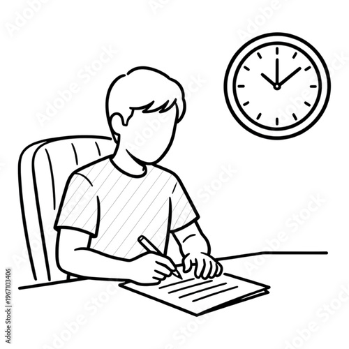 Person Typing at Desk with Clock Line Icon