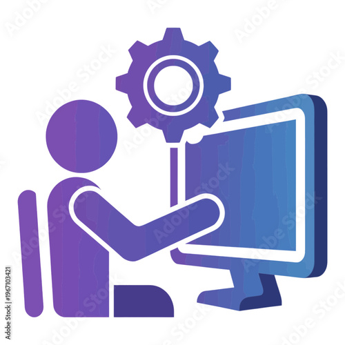 Person Using Computer With Gear Icon Vector Icon