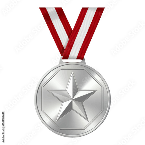 Silver Star Medal Vector Icon on Ribbon