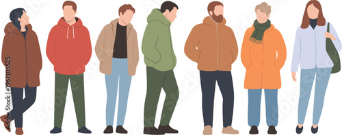 Diverse group of young adults in winter casual clothing standing together, flat vector illustration with minimal background, modern seasonal fashion, people lineup concept