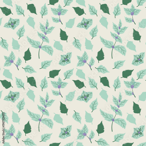 Seamless pattern with fresh mint leaves and blooming sprigs