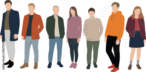 Flat vector illustration of diverse young adults standing in row wearing casual trendy outfits modern fashion characters isolated on light background lifestyle concept