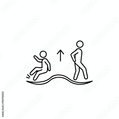 Minimalist line art of a stick figure falling and rising with an upward arrow representing recovery and resilience