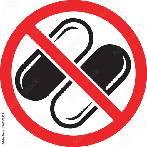 No drugs or medication sign, prohibited pill icon