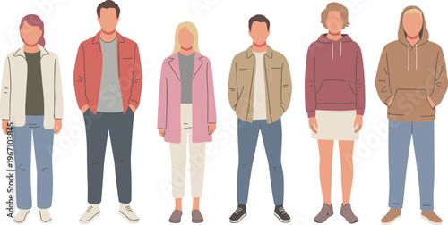 Flat vector illustration of diverse young people standing together in casual clothing modern fashion characters isolated on neutral background lifestyle diversity concept
