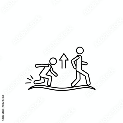 Minimalist line art of a person stumbling and then rising to continue their journey with an upward arrow for resilience