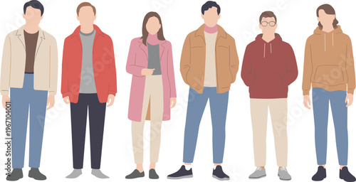 Flat vector illustration of diverse young people standing in a row wearing casual outfits modern fashion characters isolated on neutral background lifestyle concept