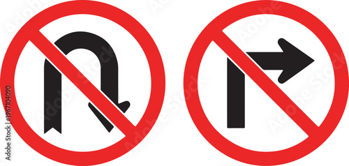 No uturn and no right turn traffic signs isolated on white background