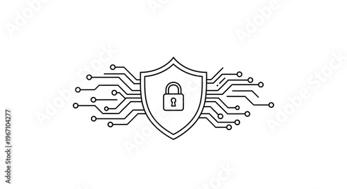 Cybersecurity shield with circuit board lines.