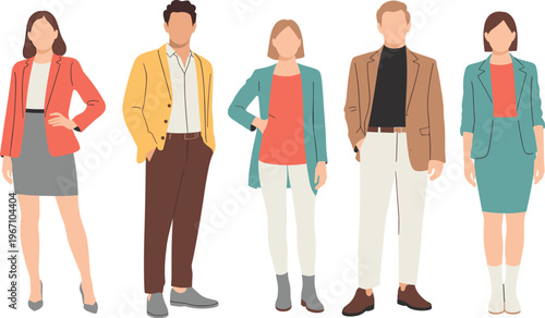 Flat vector illustration of diverse business people in smart casual outfits, modern office fashion styles, standing group characters isolated on neutral background for corporate branding