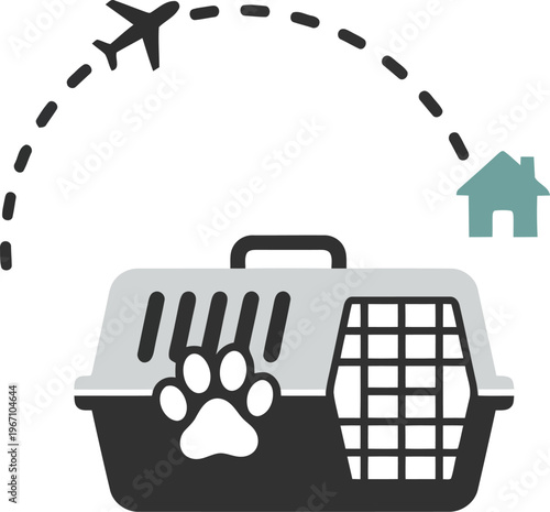 Pet relocation service with animal travel crate and airplane flight path to new home