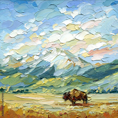 Fotografía Bison mountain landscape impasto oil painting with snowy peaks and open prairie