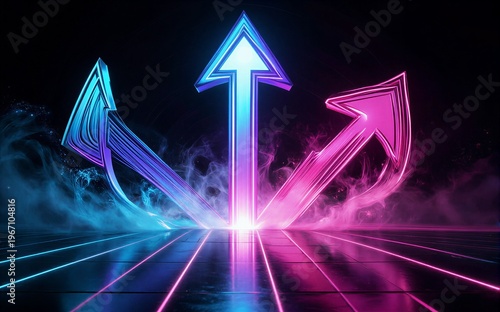 Neon arrows glow brightly pointing upward against a dark smoky
