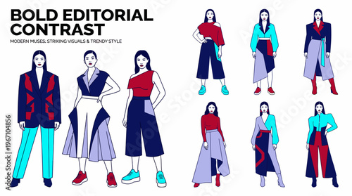 High Contrast Stylish Female Clothing Collection Trendy Fashion Illustration