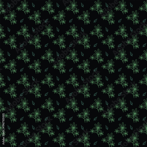 Seamless Floral Pattern With Green Outline Flowers and Leaves on Black Background for Fabric