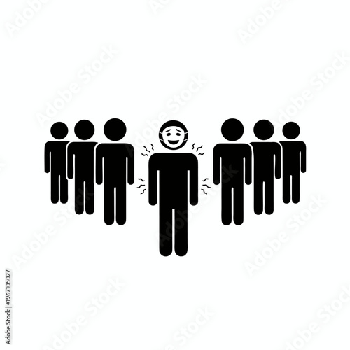 Man with happy mask trembling with social anxiety in the middle of a crowd silhouette