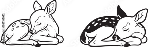 Cute Sleeping Baby Deer Fawn Illustration – Hand Drawn Black and White Animal, Sleeping deer fawn baby animal characters. 