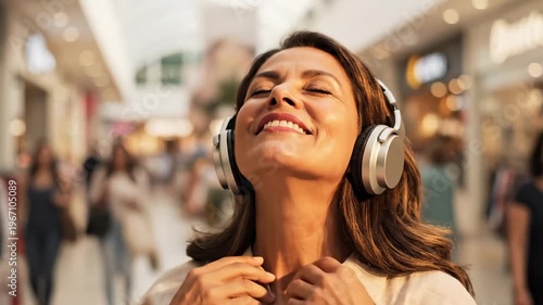 Woman Enjoys Music With Headphones in a Bright Shopping Mall, Close Up