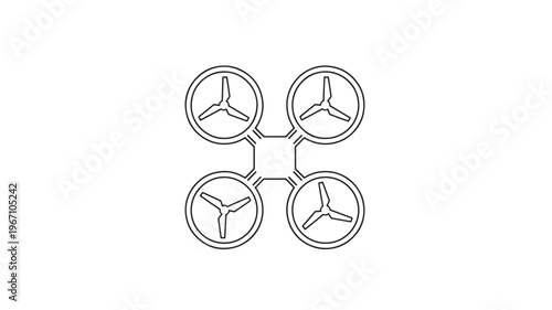 Drone quadcopter with four propellers in a simple outline drawing, isolated on a white background for easy use.