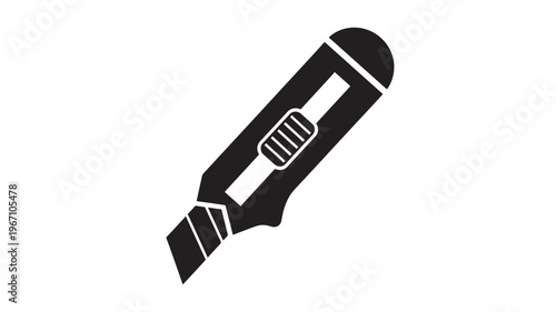 Cutter utility knife with black handle and sharp blade, isolated on a white background, simple icon.