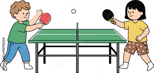 Cute little boy and girl playing table tennis together for children sports activity and indoor physical game concept flat vector