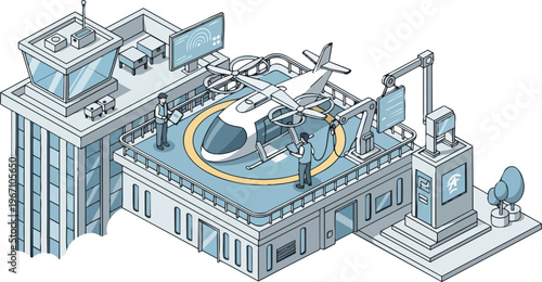Isometric Futuristic Urban Vertiport with eVTOL Flying Taxi, Maintenance Robots, and Technicians on Rooftop Helipad