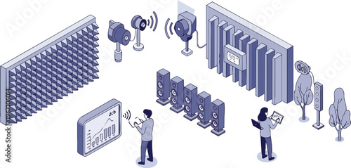 Isometric Illustration of Acoustic Testing Laboratory with Engineers, Soundproof Foam, Speakers, and Audio Measurement Equipment for Sound Research and Engineering