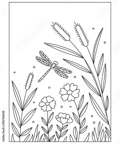 Dragonfly Hovering Over Wildflowers and Cattails in Simple Line Art Style