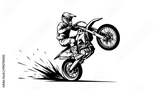 Motocross rider wheelie black white action vector illustration