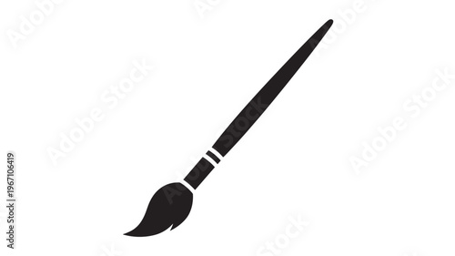 Paintbrush silhouette with a curved bristle and banded handle, ideal for artistic and creative design concepts.