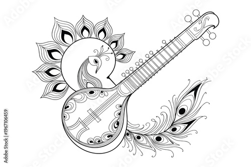 Indian Veena Musical Instrument with Peacock MotifBlack and White Line Art Style