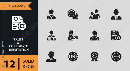 Editable trust and corporate reputation icons in solid style