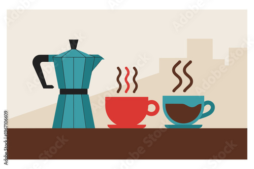 Moka Pot Brewing Hot Coffee in Cups with Steam Flat Design Minimalist Kitchen Scene