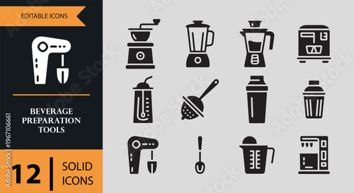 Beverage preparation tools icons in solid style on gray background