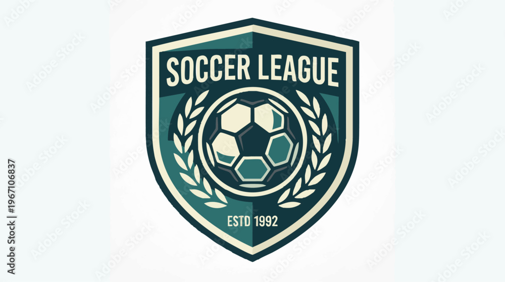 Fototapeta premium Soccer League shield logo with classic football and laurel wreath design