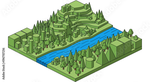 Isometric 3D model of a stylized landscape with river and trees.
