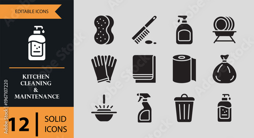Kitchen cleaning and maintenance icons set in solid style