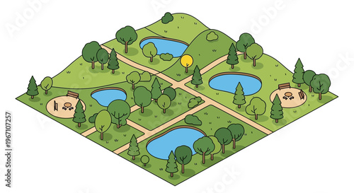 Isometric park landscape with ponds and trees.