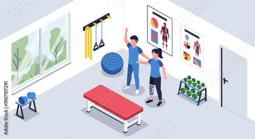 Physical therapist assisting patient with exercise in rehabilitation clinic.