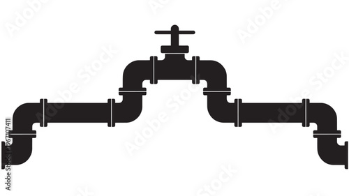 Pipe system icon with a valve and multiple connected elbows and straight sections on a white background.