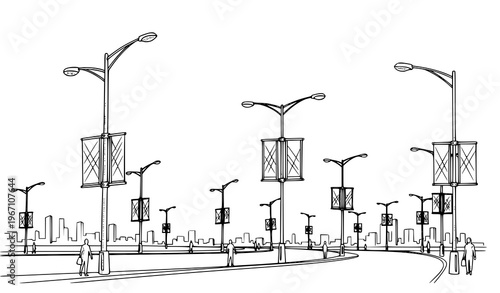 Urban street perspective with lamppost advertising banners black and white sketch vector city landscape illustration