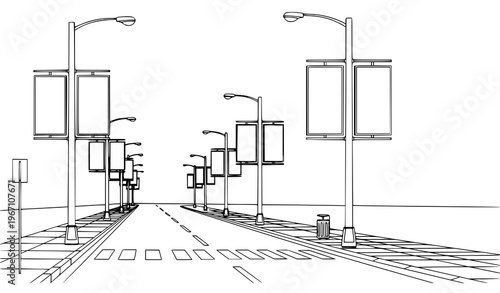 City street lampposts with blank advertisement panels black and white line art vector in clean urban outline style