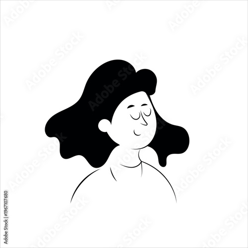 Simple Black and White Vector Illustration of a Calm Young Woman with Long Dark Hair and Eyes Closed. Hand Drawn Minimalist Character for Meditation, Mental Health, and Wellness Concept