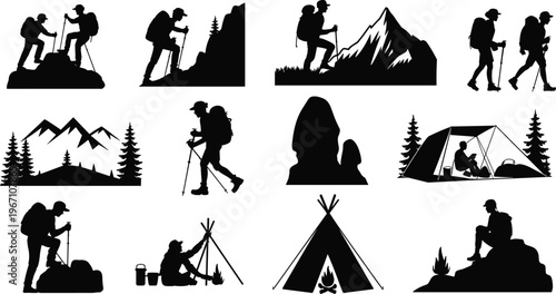 Hiking camping silhouette vector illustration outdoor adventure set mountain trekking backpacker camp tent nature exploration isolated black design